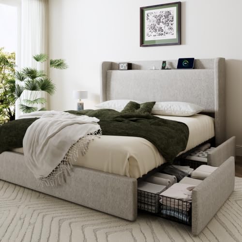 SHA CERLIN Full Size Storage Bed Frame with 4 Oversized Drawers, Modern Wingback Headboard with Storage Shelf & Charging Station, No Box Spring Needed, Easy Assembly, Light Beige