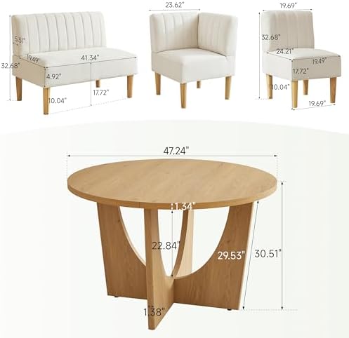 Round Dining Table Set with Loveseat & Chairs, 47 Inch Farmhouse 5-Piece Round Table Setting for 4 to 6, Wood Circle Table and Chairs Set for Kitchen,Breakfast Nook, Indoor Conversational Seating