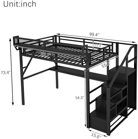 KEIKI Full Size Metal Loft Bed Frame with Desk, Staircase, Built-in Storage Shelves and Wardrobe, Modern Loft Bed with Solid Slats, Guardrail, No Box Spring Required, Easy Assembly, for Bedroom, Black