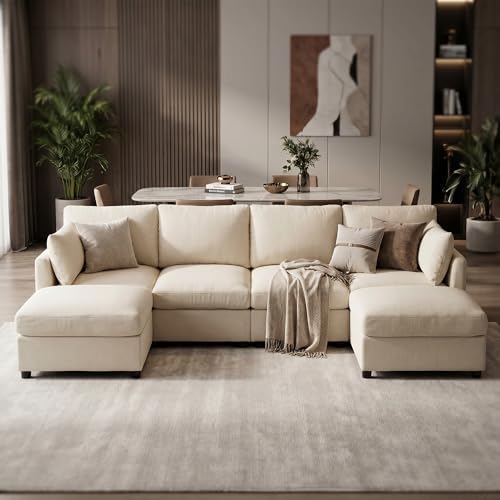 Iroomy Modular Sectional Couch for Living Room, Modern 6 Seater Convertible U Shaped Sofa with Ottoman, Spring Cushion Seating, Beige