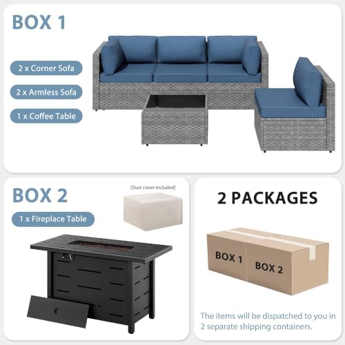 Shintenchi 6 Piece Outdoor Patio Furniture Set with 43 Inch Propane Fire Pit, Washable Cushions, Glass Coffee Table, Waterproof Cover & CSA Certified for Backyard Poolside, Silver PE Rattan/Navy Blue