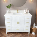 Montary 42" Bathroom Vanity with Sink & 43" Carrara Quartz Top | with 1 Pre-Drilled Faucet Holes, Solid Wood Cabinet, Soft-Close Double Doors & 9 Smooth-Glide Drawers,White