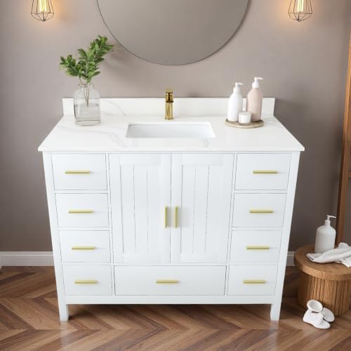 Montary 42" Bathroom Vanity with Sink & 43" Carrara Quartz Top | with 1 Pre-Drilled Faucet Holes, Solid Wood Cabinet, Soft-Close Double Doors & 9 Smooth-Glide Drawers,White