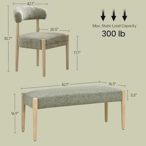 VKNOW Upholstered Dining Room Set for 6, Mid-Century Modern Dining Chairs Set of 4 and Dining Bench with Rubberwood Legs, for Dining Room, Living Room, Kitchen, Green