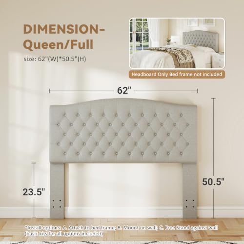 Befurtori Queen Headboard Only, Linen Classic Tufted Design, Gray Linen