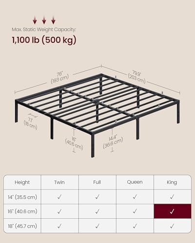 VASAGLE King Metal Bed Frame, 16 Inches Tall, 1100 lb Weight Capacity