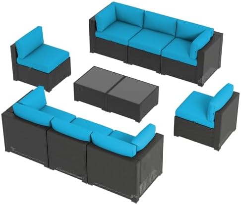 Aoxun 10 Piece Patio Furniture Set Wicker Rattan Patio Sectional Sofa Set Outdoor Seating Furniture with Thickened Cushion, Peacock Blue