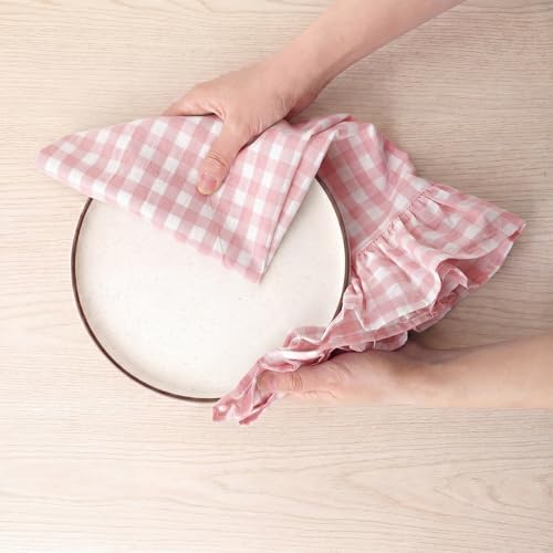 HunnmingRe 2 Pcs Light Pink Gingham Kitchen Towels Cotton Ruffled