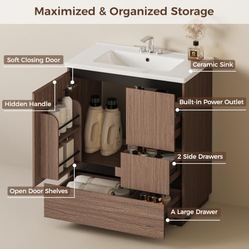IRONCK 30-Inch Bathroom Vanity with Ceramic Sink, Modern (Walnut Brown) | Power Outlet | Freestanding | Divided storage | Hiddle Handle | Soft-Close Hinges