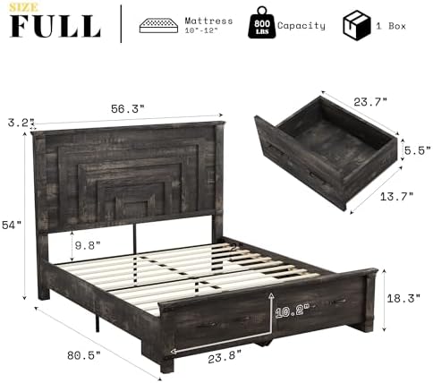 AMERLIFE 5 Pieces Farmhouse Bedroom Set, Includes Rustic Full Bed Frame with 54" Tall Headboard, 6 Drawer Dresser, 5 Drawer Tall Chest, Nightstands Set of 2 with Charging Station, Black Oak