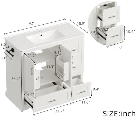 LUMISOL 42 Inch Bathroom Vanity with Sink, Freestanding Bathroom Vanity with Ceramic Sink, Soft-Close Doors, 4 Drawers, Door Storage Shelves, Towel Rack, White