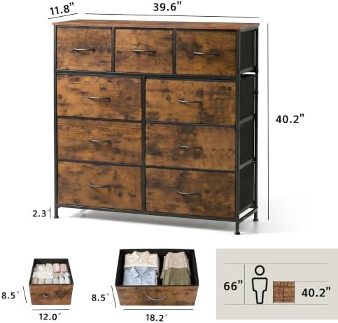 WLIVE Tall Dresser for Bedroom, 9 Drawer Chest of Drawers, Rustic Brown