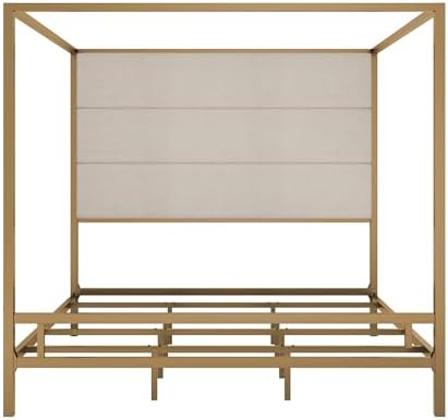 LUMISOL King Size Canopy Bed with Tall Upholstered Headboard, Upholstered 4-Poster Platform Bed Frame with Metal Posters, Box Spring Needed, Easy Assembly, Gold + Tan
