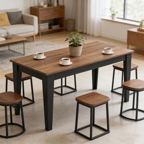 71" to 106" Expandable Dining Table, Modern Large Table for 6-10 People, Space-Saving Extendable Kitchen & Office Table, Brown and Black