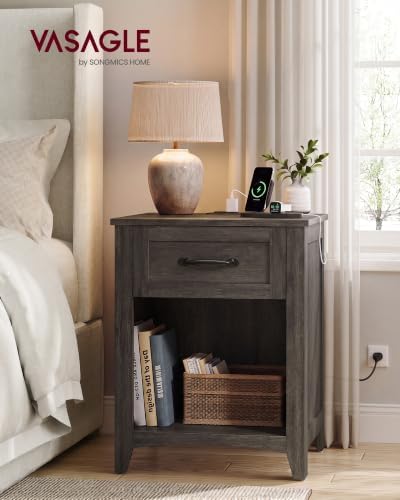 VASAGLE Farmhouse Nightstand with Charging Station, Drawer