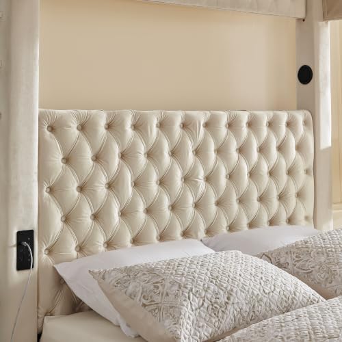 LUMISOL Canopy Bed Frame Queen Size, Velvet Upholstered Platform Bed with Button Tufted Headboard, Four Posters, Built-in Speaker and Charging Station, Heavy Duty Mattress Foundation, Beige