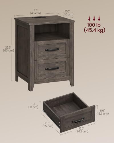 VASAGLE Farmhouse Nightstand with Charging Station, 2 Drawers