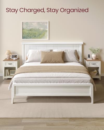 VASAGLE Farmhouse Nightstands with Charging Station, 1 Drawer, Set of 2