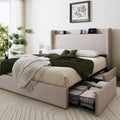 SHA CERLIN Full Size Storage Bed Frame with 4 Oversized Drawers, Modern Wingback Headboard with Storage Shelf & Charging Station, No Box Spring Needed, Easy Assembly, Beige