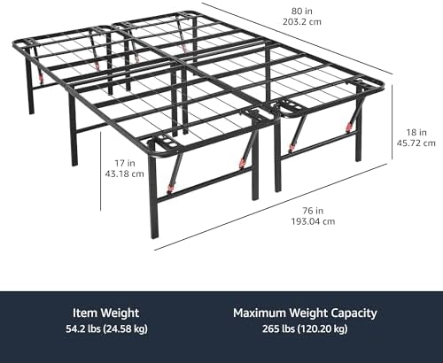 Amazon Basics Foldable Metal Platform Bed Frame with Storage Space, Sturdy Steel, No Box Spring Needed, 18 Inches High, Tool-Free Setup, Noise Free, King Size, Black