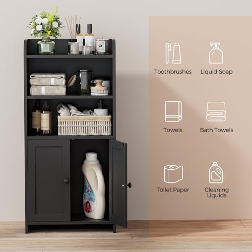 Homhedy Small Bathroom Storage Cabinet, Toilet Paper Storage Cabinet | Bathroom Floor Cabinet with Doors and Shelves, Bathroom Organizers for Small Spaces, 7.9" D x 14.6" W x 31" H, Black