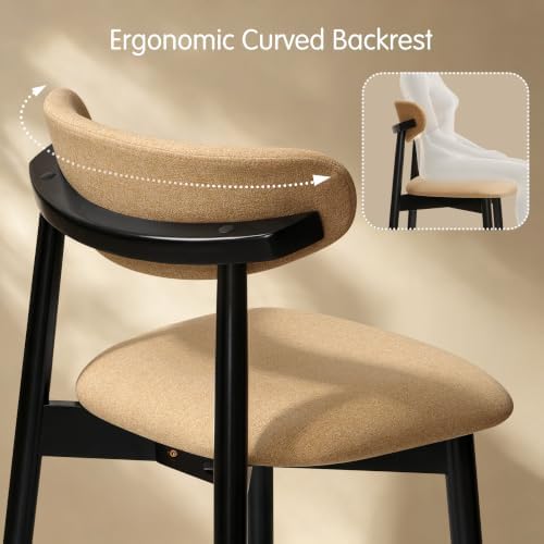 CHUN YI Dining Chairs Set of 6, Upholstered Solid Wood Dining Room Chairs, Mid Century Modern Fabric Kitchen Chairs with Ergonomic Curved Back, Khaki (Only Chairs)