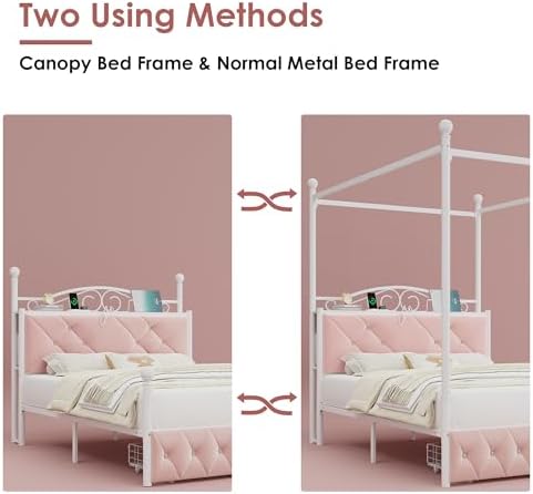 Queen Upholstered Canopy Bed Frame with 2 Drawers & Crystal Tufted Storage Headboard Two-Purpose Metal Platform Bed with 4 Removable Posts & Charging Station Pink Princess Bed, Curtain Not Included