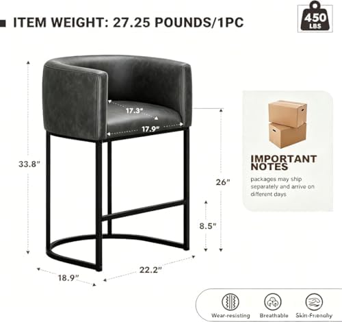 26" H Counter Height Bar Stools Set of 3, Modern Barrel Counter Stools with Backrest and Arms, Faux Leather Upholstered Accent Barstools for Kitchen Island,Support 450 LBS (Black)