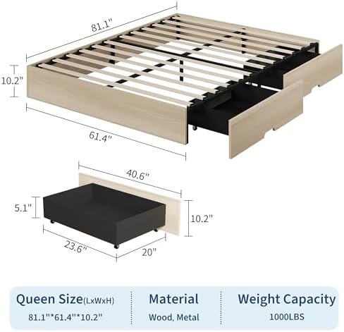 GarveeHome Wood Platform Bed Frame, Queen Bed Frame with 2 Drawers