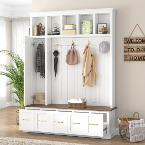 RuiSiSi Hall Tree with Bench and Shoe Storage, 5-in-1 Entryway Coat Rack with Drawer and Storage Cabinet, Ancient White