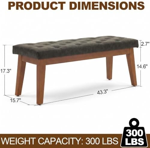 43.5" Padded Button Tufted Faux Leather End of Bed Bench, Charcoal Gray