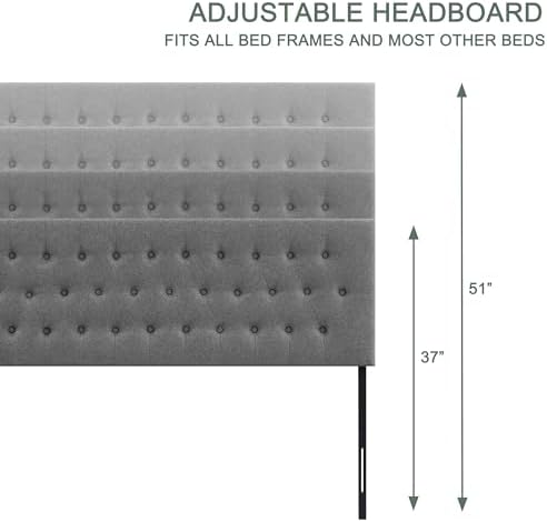 Tufted Upholstered Headboard Twin Size, Adjustable Height 37- 51 in, Gray