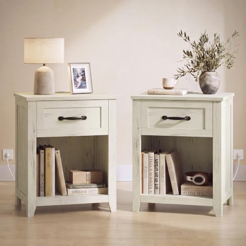VASAGLE Farmhouse Nightstand with Charging Station, Drawer, Set of 2