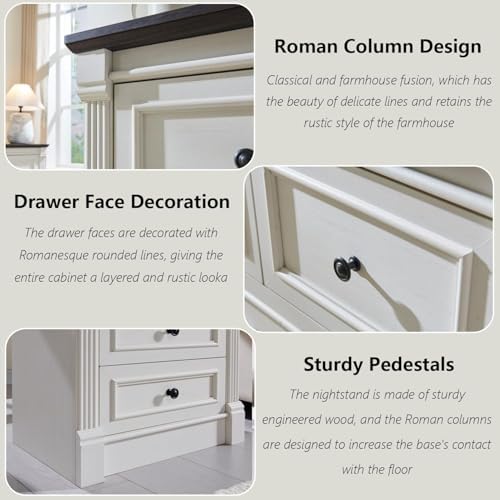 Aitjunz 26" Tall Nightstand w/Charging Station, 3 Drawers, Antique White