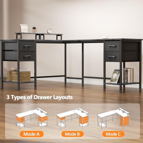 Korfile 66" L Shaped Computer Desk, 94.4'' Home Office Desk with Power Outlets, 4 Adjustable Storage Drawers & 2 Monitor Stands, Large Two Person Gaming Table for Writing Study, Grey