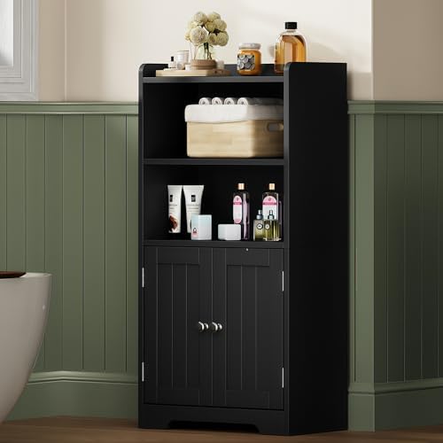 ChooChoo Small Bathroom Storage Cabinet with 2 Door and Shelves | Narrow Toilet Paper Cabinet, Freestanding Bathroom Floor Cabinet and Organizers for Small Spaces, Black