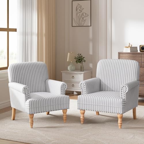HUIMO Linen Fabric Accent Chairs Set of 2, Mid-Century Modern Armchair with Solid Wood Legs, Single Sofa Chair,Upholstered Reading Club Chair (2, Light Grey and White Stripe)