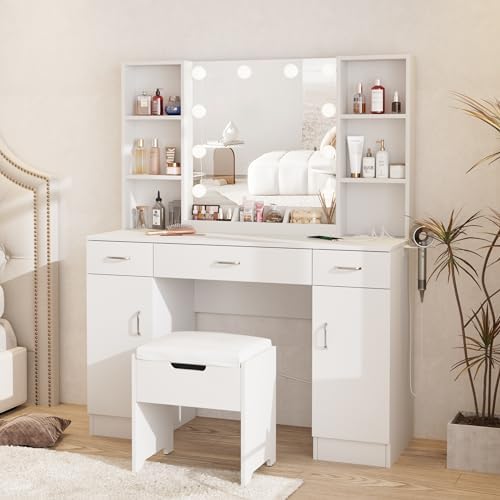 Halitaa Makeup Vanity Table with Lighted Mirror & Power Outlets, Large Vanity Set Vanity Desk with Storage Stool, 3 Lighting Modes, Brightness Adjustable, 45inch, White