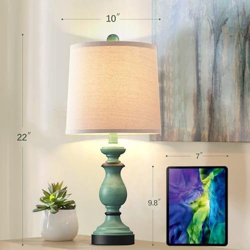 PARTPHONER Traditional Table Lamp Set of 2, Rustic Farmhouse Table Lamps for Living Room Bedroom, 22" Bedside Desk Lamps Vintage Nightstand Lamps with Linen Shades, Green