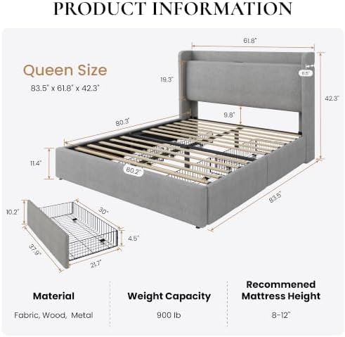 SHA CERLIN Queen Size Storage Bed Frame with 4 Oversized Drawers, Modern Wingback Headboard with Storage Shelf & Charging Station, No Box Spring Needed, Easy Assembly, Grey