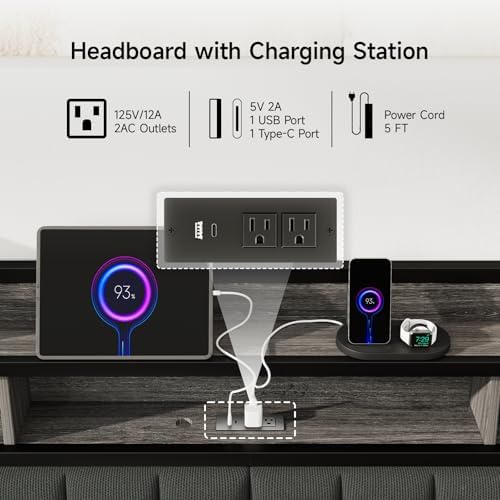 King Headboard Only with Storage, Charging Station, Black & Grey