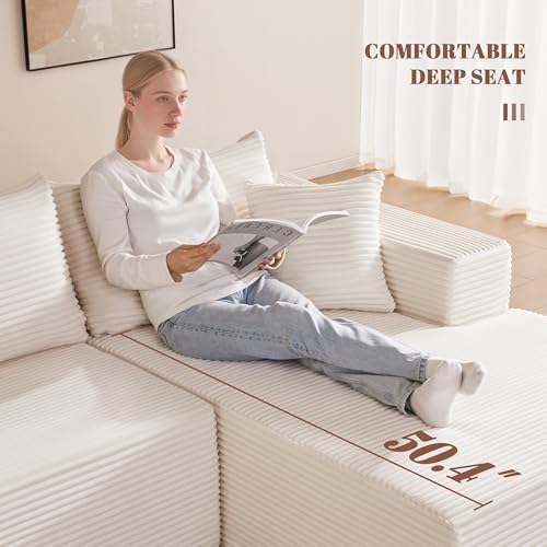 Mangodan 140” Cloud Sectional Couch, Boneless Sofa for Living Room, Modular Sectional Sofa with Deep Seat, Comfy Fluffy U-Shaped Couch with Right-Facing Chaise, No Assembly Required, Beige