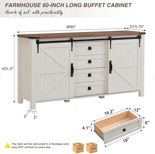 T4TREAM 60" Wide Farmhouse Sideboard Buffet Cabinet, Antique White