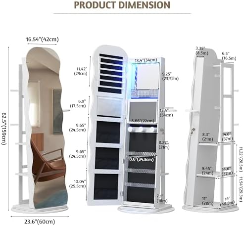 Vlsrka 360° Swivel Jewelry Armoire with Full Length Wave Mirror, White | Lockable Mirror Jewelry Cabinet Standing, Interior LED Makeup Mirror, Foldable Shelf, Large Capacity, Gift for Women, Girls