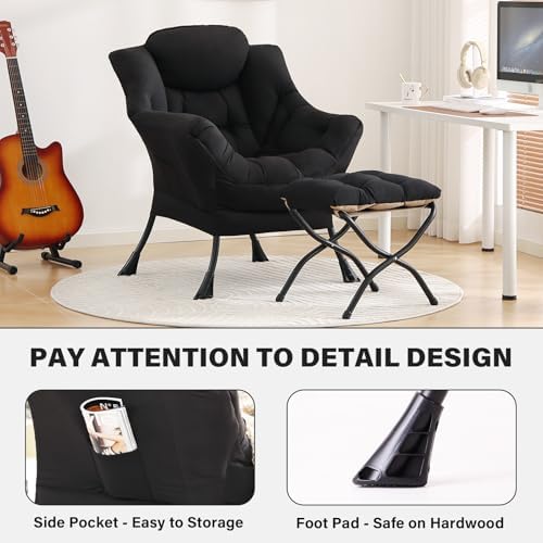 Tiita Lazy Chair with Ottoman, Comfy Reading Accent Chair, Black