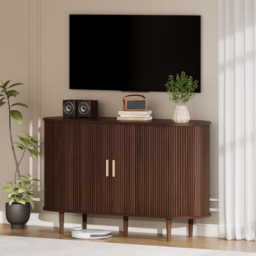 47.2" Sideboard Buffet Cabinet with Sliding Door,Fluted Cabinet with Storage & 2 Adjustable Shelfs,Mid Century Modern Coffee Bar Console Table for Kitchen, Living Room, Entryway，Walnut