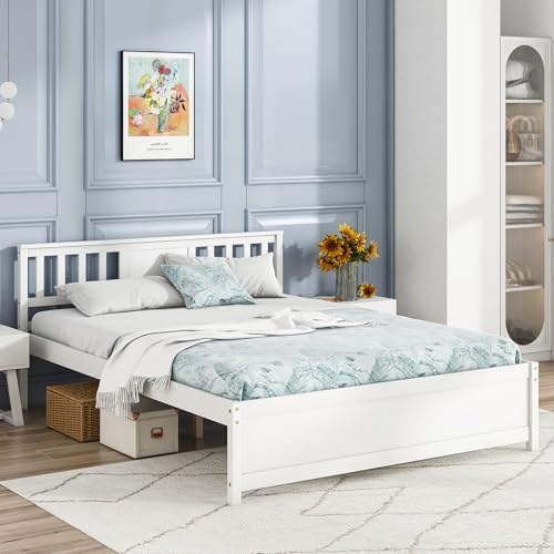 Giantex Queen Size Solid Wood Platform Bed Frame, Mid Century Queen Bed Frame with Headboard, Wooden Slat Support, Queen Panel Bed, No Box Spring Needed, Easy Assembly, White