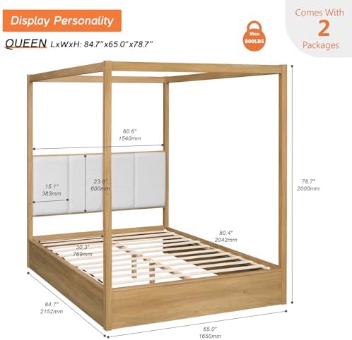 WAMPAT Wood Canopy Bed Frame Queen Size, Oak Bed w/Solid Wood Posters