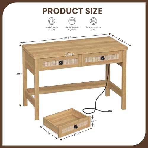 YOMILUVE Rattan Computer Desk with 2 Drawers, 39 Inch Small Desk with Power Outlets, Farmhouse Boho Vanity Desks, Compact Writing Study Table for Small Spaces, Oak
