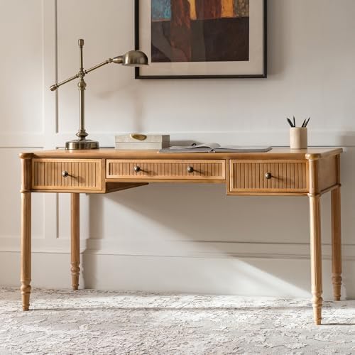HULALA HOME 60 Inches Fluted Writing Desk with Charging Station, Teak